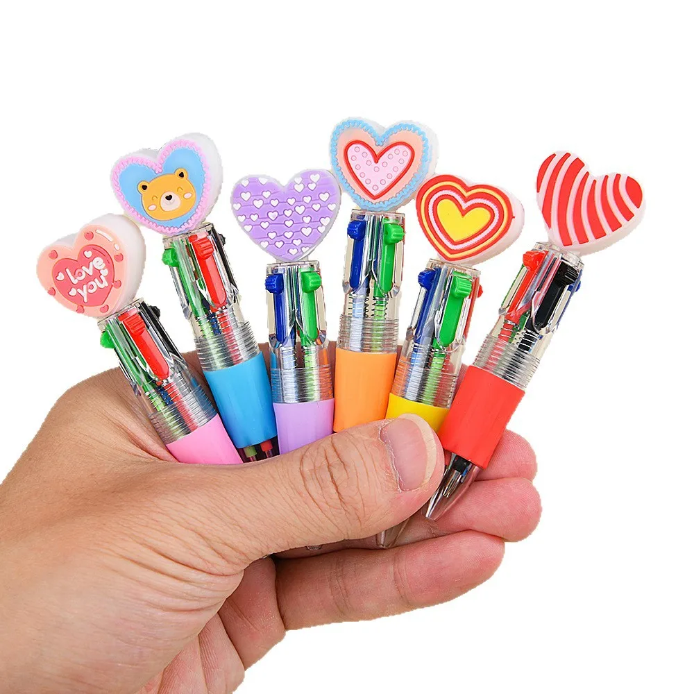 4 Colors/Pen Heart-Shaped Ballpoint Pen - Cute Cartoon Love Pen Press Type Multi-Color Pen Back to School & Valentine's Day Gift