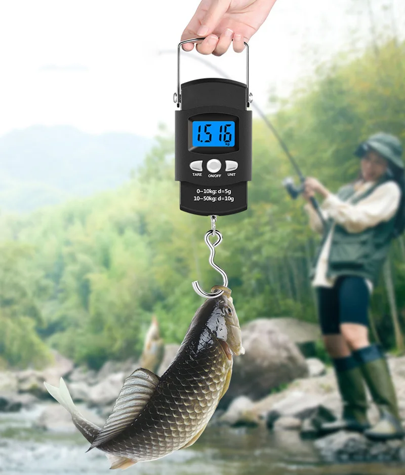 50 كجم/10 جرام ميزان إلكتروني محمول LCD شاشة ديجيتال الخلفية الصيد الأوزان اليد مقياس السفر الصيد معلقة مقياس بخطاف #2
