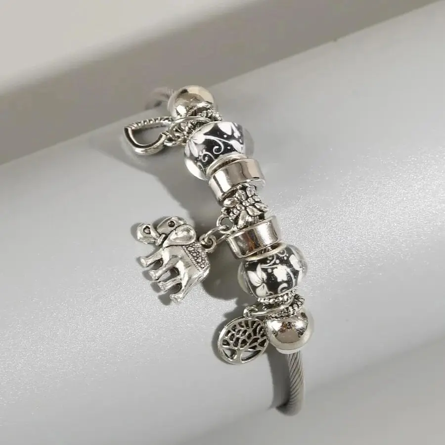 Obega Heart Elephant Lucky Tree Pendant Charm Bracelet Shiny Silver ColorMetal Bead Cuff Bangle Simple Style Ins Party Jewelry