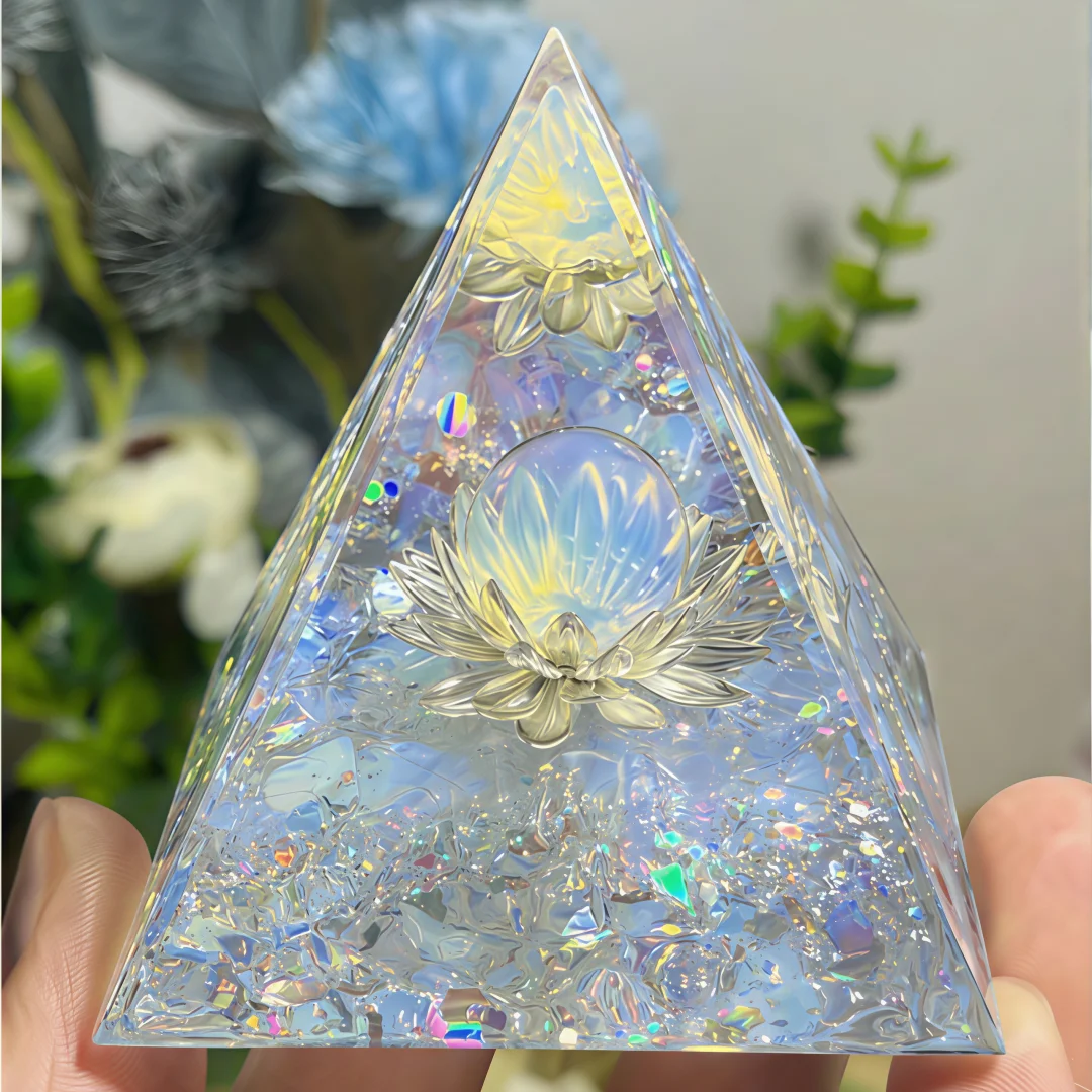 1pc White Lotus Flower Opal Orgone Pyramid Decorative Home Piece Life Flower Design Energy Pyramid for Interior Decoration