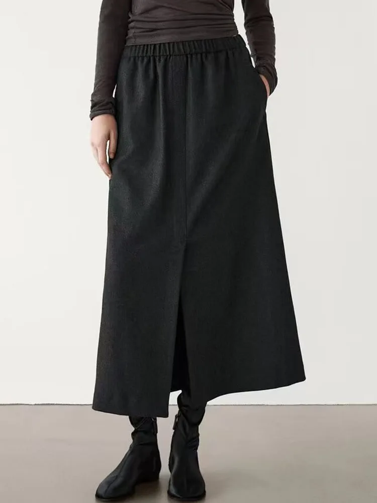 

Autumn and winter new 2024 women's simple and intellectual commuter style flannel elastic waist skirt