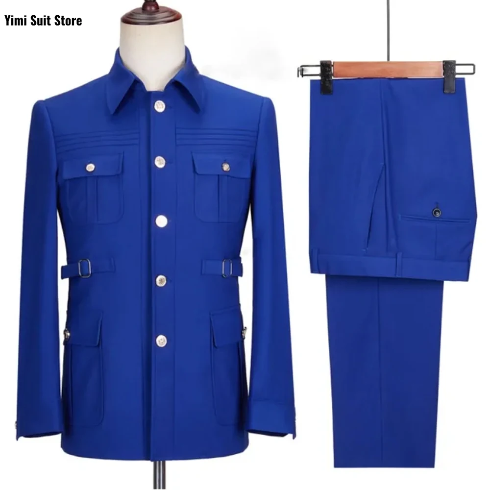 Traje de un solo pecho para hombre, abrigo informal Formal de negocios, pantalones, conjunto de 2 piezas, chaqueta y pantalones con múltiples hebillas de ajuste clásico, color negro, nueva moda