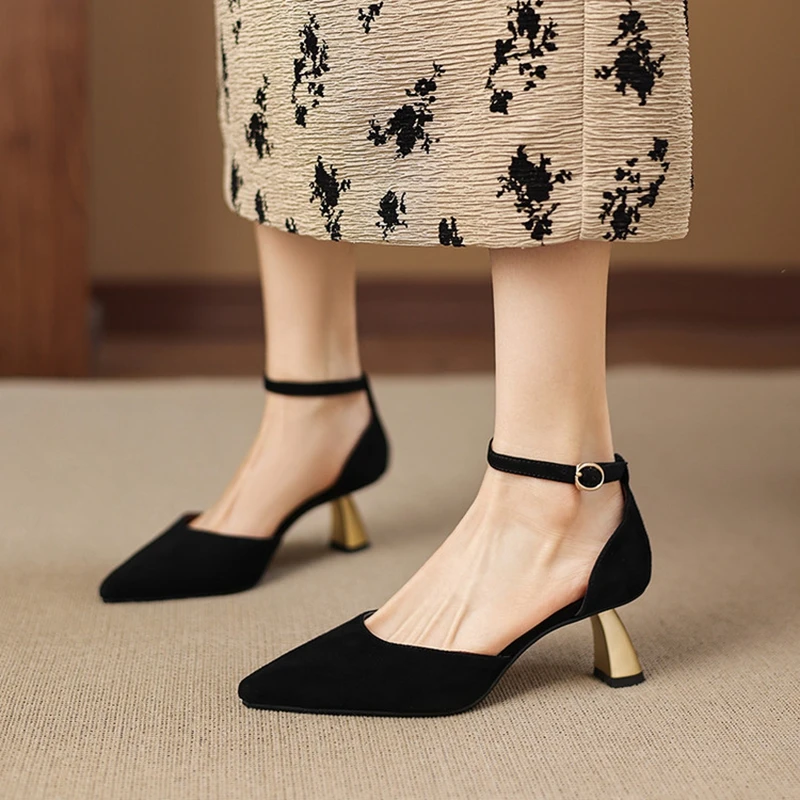 NEW Summer Women Sandals Sheep Suede Leather Shoes for Women Pointed Toe Thin Heel Shoe Cover Toe Cover Heel Sandals Daily Shoes