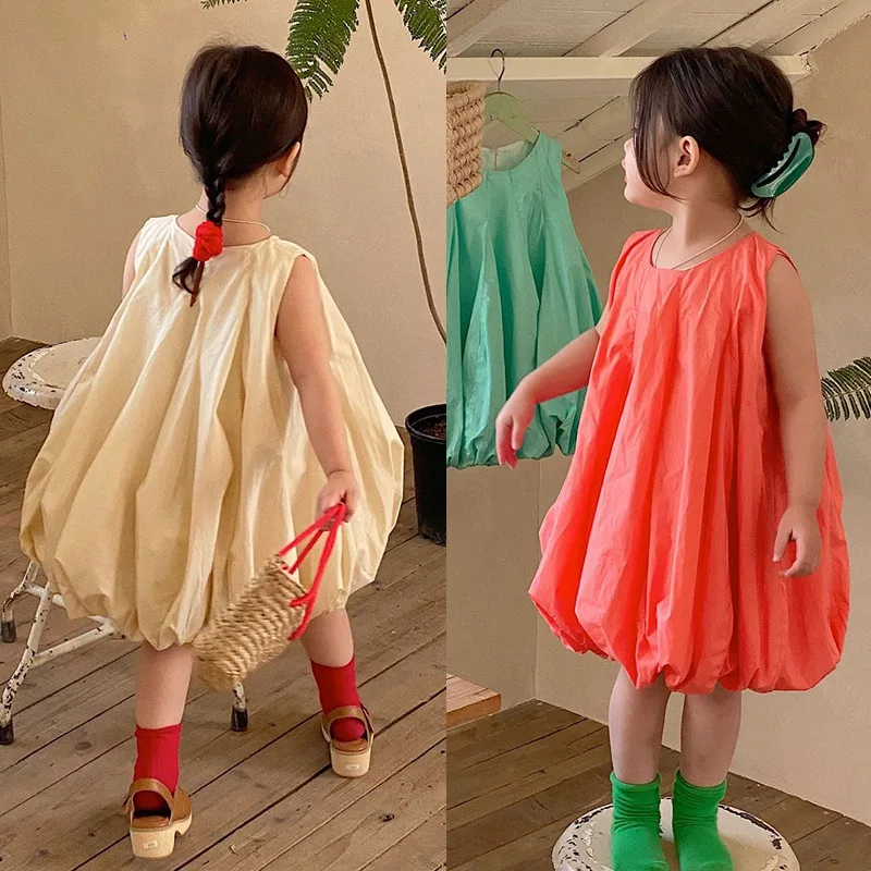 Summer Girls Dress Solid Loose Flower Bud Shape Casual Dress Korean Style Fashion Outing Sleeveless Dress Beach Holiday Wear