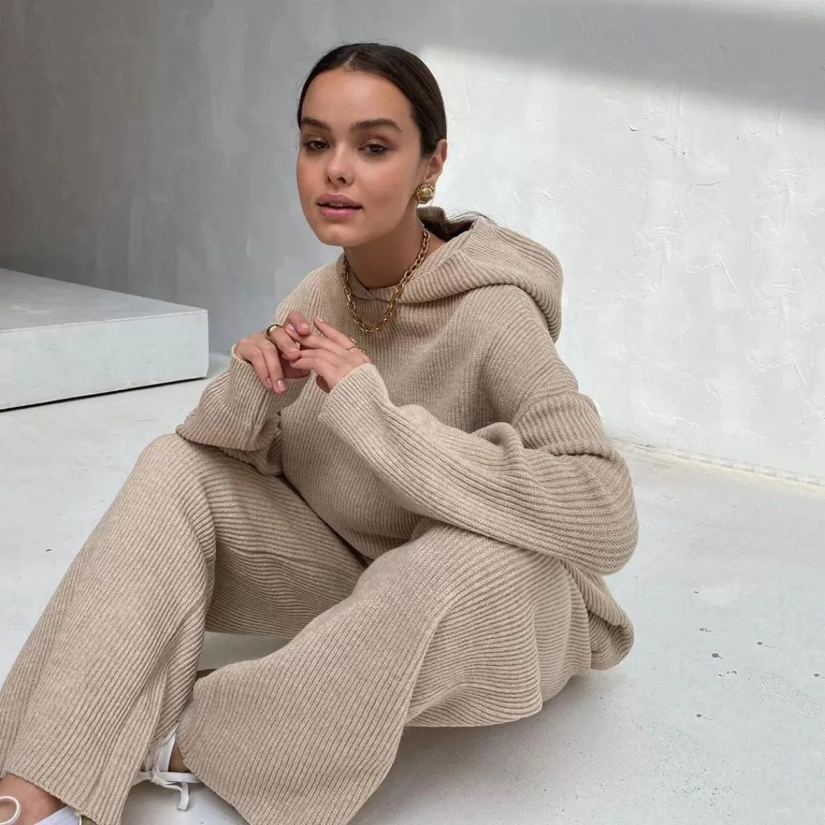 

Fashion Knitted Hooded Long Pants For Women 2-piece Set Casual Loose And Simple Wide Leg Long Pants Elegant Female Sweater Suit