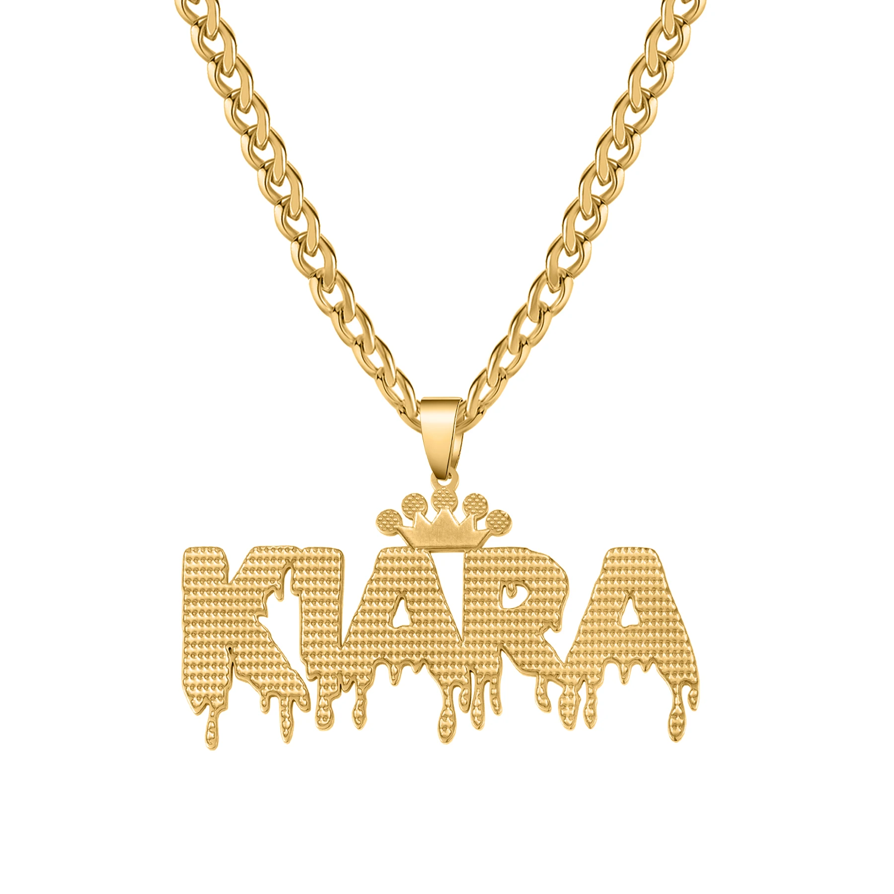 Personalised Name Cuban Necklace Gold Crown Letters Droplets Pendant Necklaces Big Size Hip Hop Chain llavero Stainless Steel