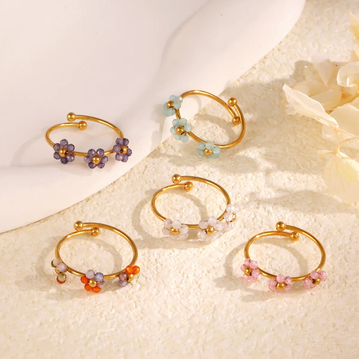

Nextvance Fashion Colorful Beads Flower Ring For Women Girls Stainless Steel Gold Plated Finger Rings Jewelry Gifts
