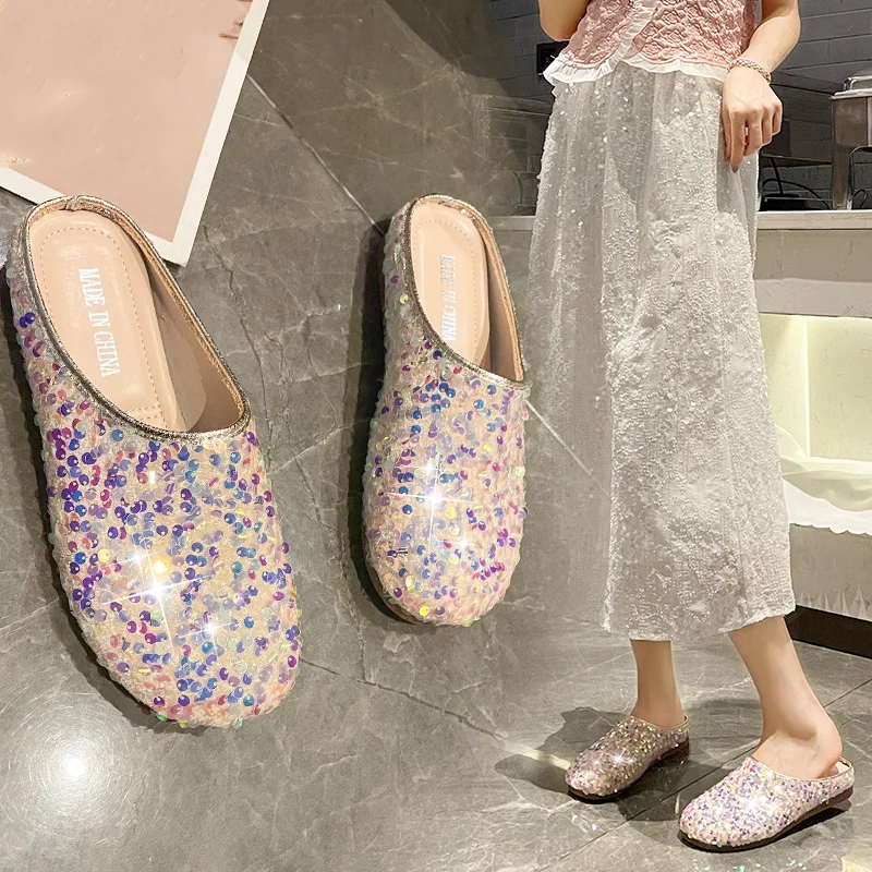 2024 Summer New Fashion Shoes Wear Silver Baotou Glitter Flat Casual Slippers