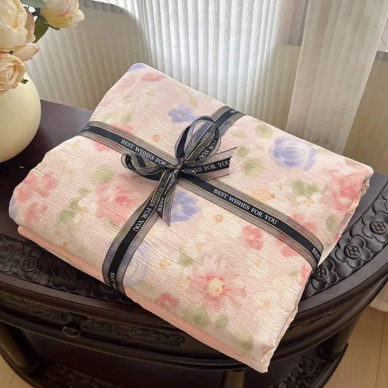 Class A washable aerobic double-layer yarn printing cloud wrinkle yarn four-piece set for home use