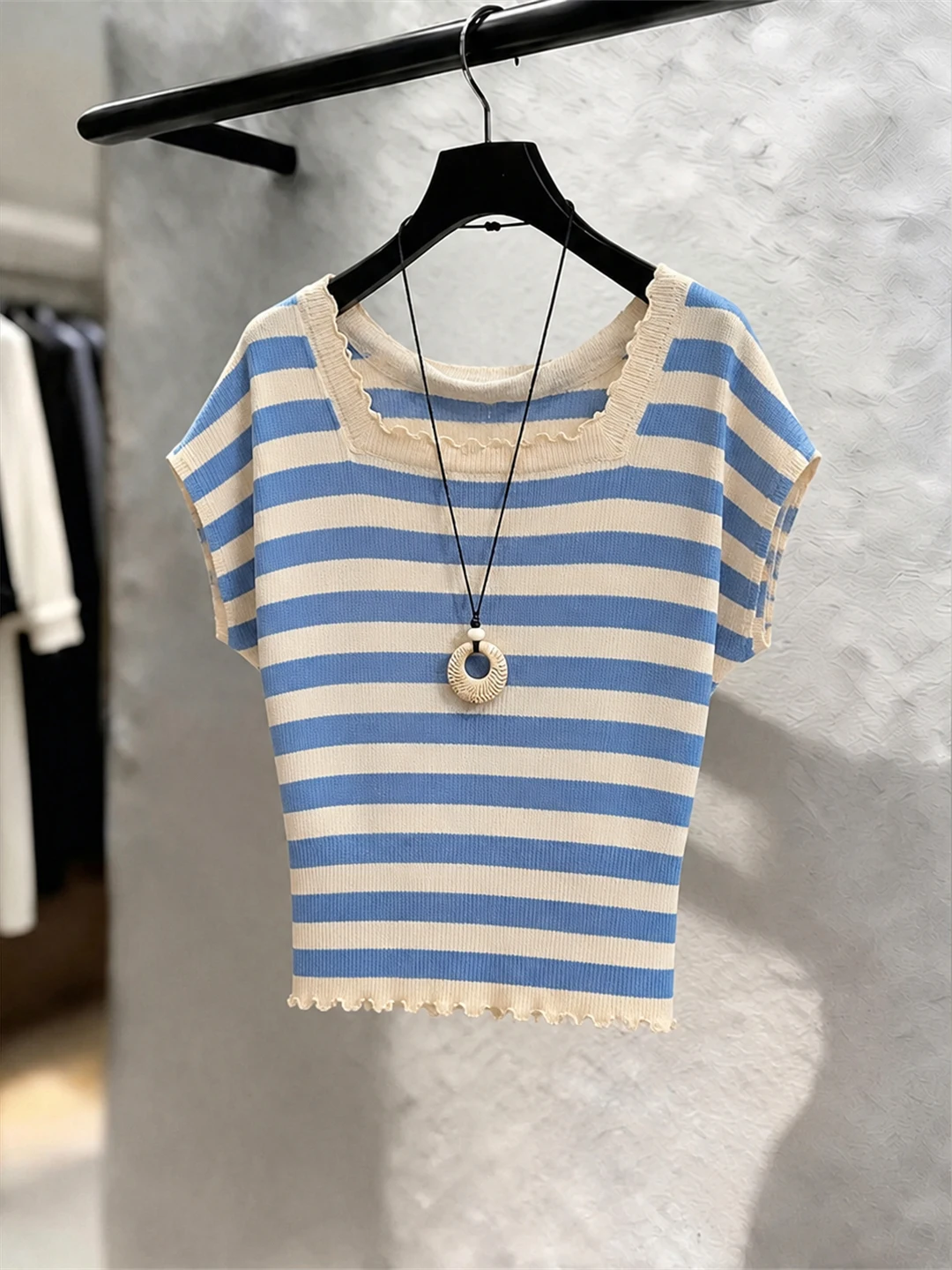 

Summer Women's Knitted Ice Silk Short Sleeve Square Collar Striped Soft Breeze Wind Chime Ear Style Versatile Slimming Top