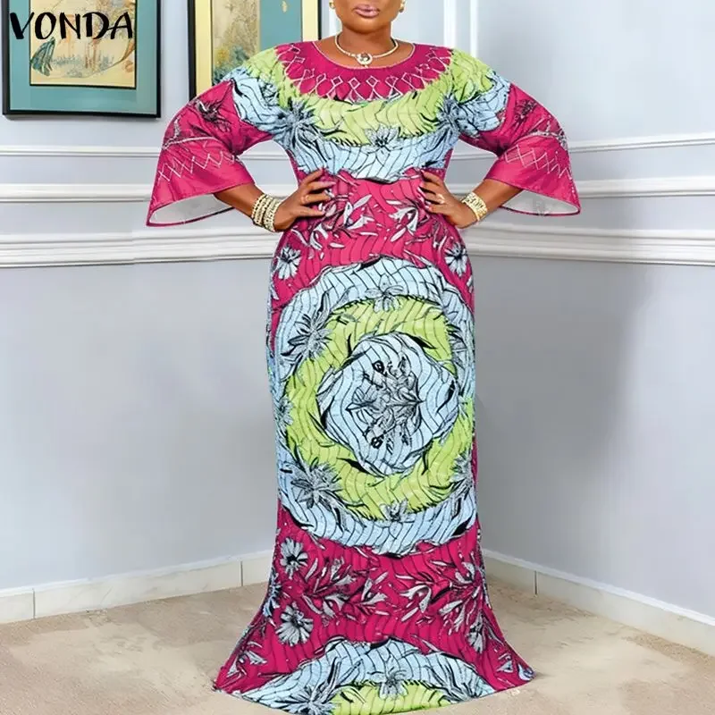 

VONDA Plus Size Dresses 5XL Bohemian Women 3/4 Sleeve Casual Print Maxi Sundress Autumn Summer Oversized Party Long Vestidos