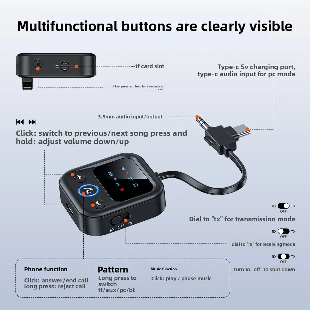 Bluetooth 6.0 Receive Transmitter 4-in-1 Audio Adapter Dual Transmit Dual Receive Adapter