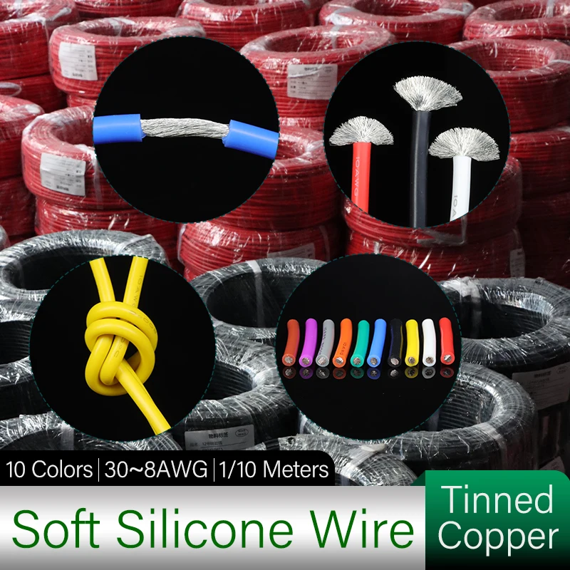 Silicone Rubber Tinned Copper Wire 30/28/26/24/22/20/18/16/14/12/10/8AWG Heat-resistant Clable Car Battery Power Cable 1/10Meter