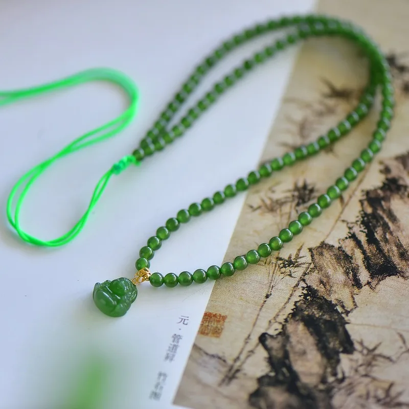 Natural Hetian Jade Maitreya Buddha 4Mm Bead Chain Necklace, Women'S Fashion Version