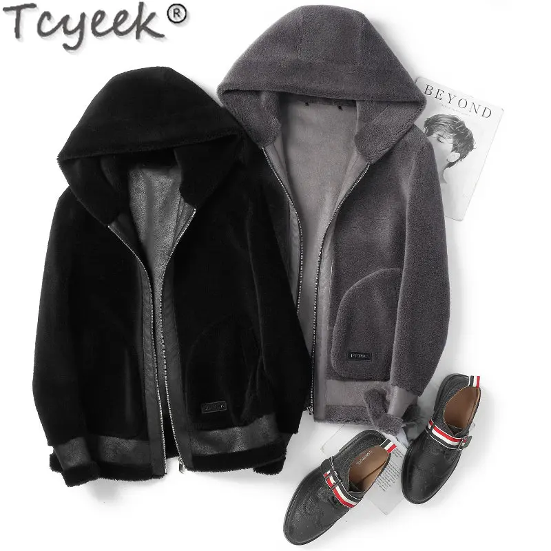 

Tcyeek Men's Winter Jacket Short Sheep Shearing Coat Hooded 100% Wool Coat Winter Men Jackets Casual Silm Coats Abrigos LM236