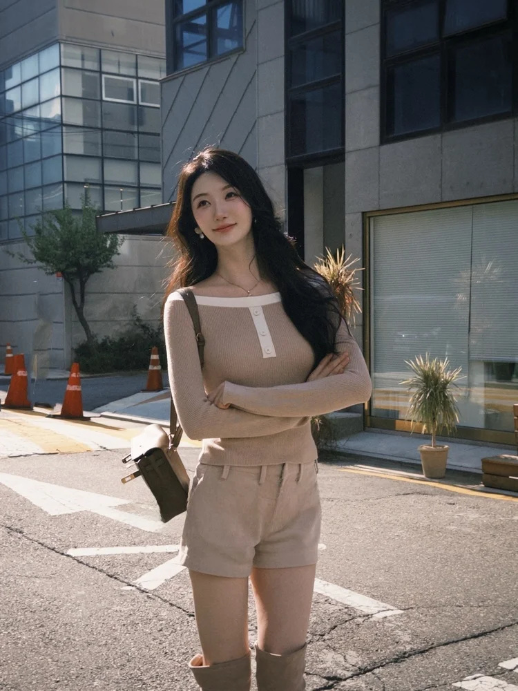 

Original Wcouture Knitted Woolen Top One-oulder Youthful College Sle Color Blo Premium Wool Blend Sweet Date Wear