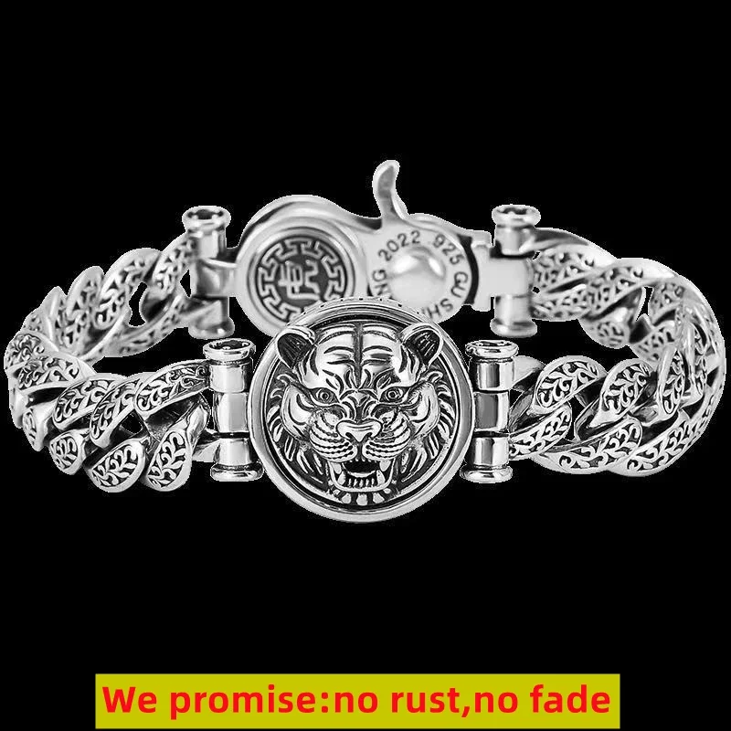S925 Sterling Silver Domineering Tiger Head Bracelet Trend Personality Retro Silver Chain Men's Bracelet Luxury Birthday Gift
