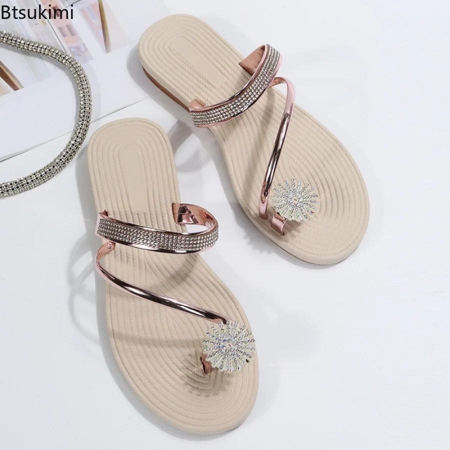 New 2025 Summer Women's Fashion Beach Slippers Rhinestone Flat Slippers Luxury Sandals for Women Outside The Beach Ladies Shoes