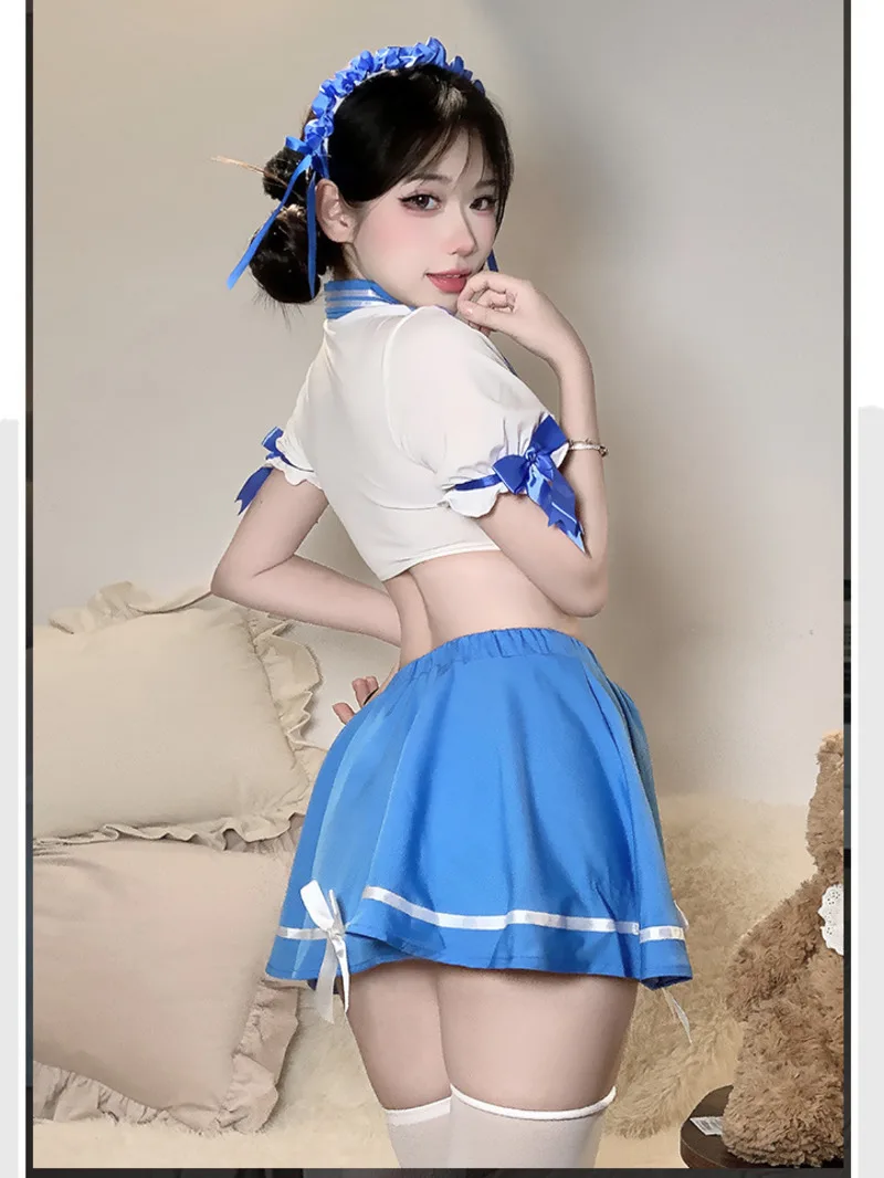 الحب النقي مدرسة زهرة الحلو الخصر سبليت JK موحدة مثير الرغبة النقية نمط الكلية قطعتين تنورة مجموعة الأزرق الحلو المرأة M7UH