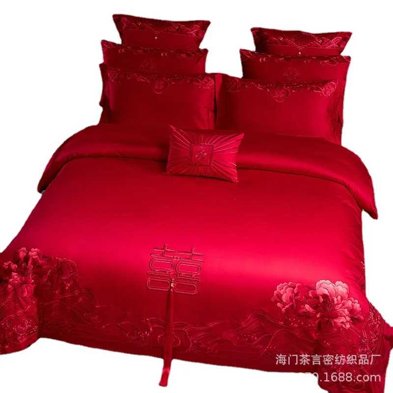 100S Long Staple Cotton Chinese Style Exquisite Embroidery Wedding Celebration Set of Four Big Red Articles Set