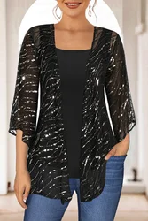 Plus Size Summer Casual Dressy Black Sparkly Sequin 3/4 Sleeve Two Pieces Blouse with the Tank