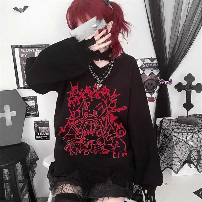 Ruibbit Harajuku Gothic Black Embroidery Women Punk Style V-Neck Loose Vintage Knitted Pullovers Y2k Clothes Pullover Sweaters