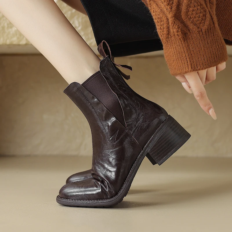 

High Quality Sheepskin Ankle Boots Pure Color Round Toe Chunky Heel Boots 2024 Autumn Simple Elegant Lady Shoes Chic Botas Mujer