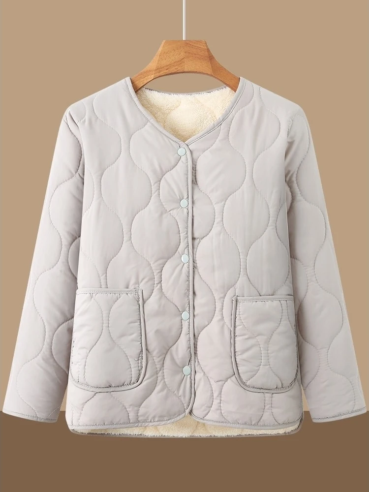 

Women's Short Fleece Lined Warmth Inner Jacket Not Necked Cotton Clothes Autumn Winter Commute Style Loose Fit Single Button