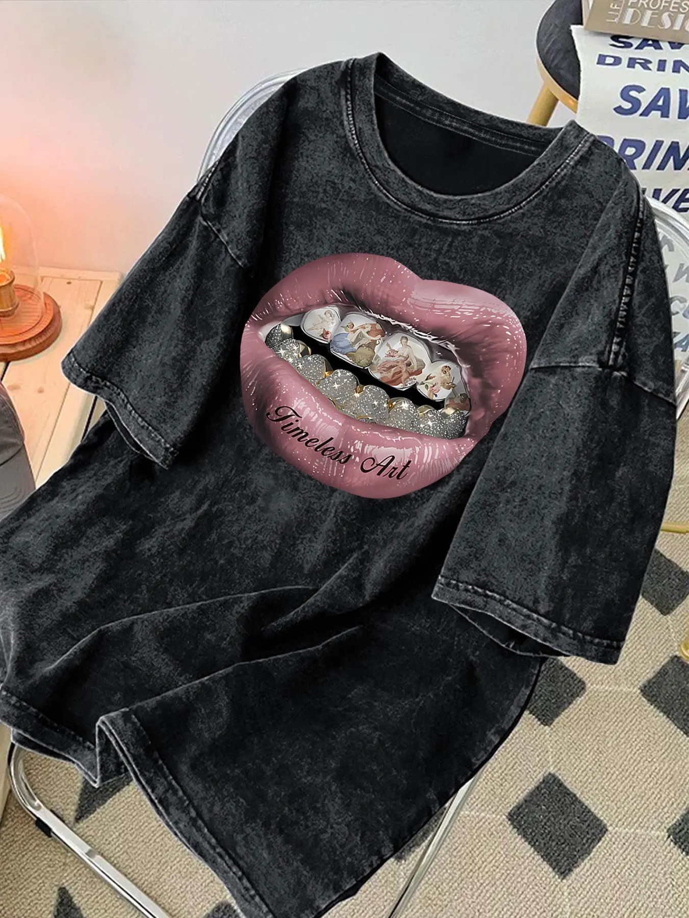 Fashion Women Clothing Vintage high street mouth  Pattern Washed T Shirts   Y2k   Graphic  Top  Shirts for Women