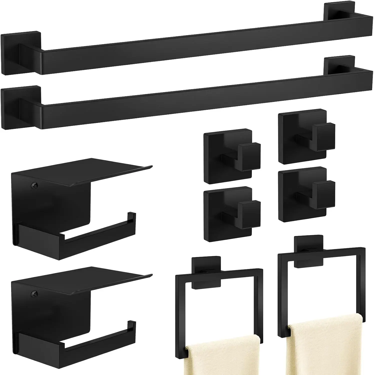 

10-Piece Matte Black Bathroom Hardware Set, 24-Inch Towel Bar, Stainless Steel Wall-Mounted Accessories for Modern Bathrooms