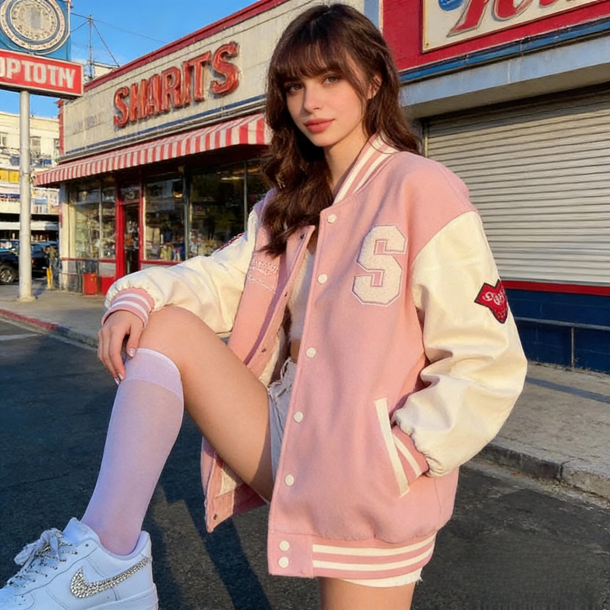 Chaqueta de béisbol rosa con forro polar estilo preppy vintage para mujer – Cárdigan versátil de punto grueso para mujer