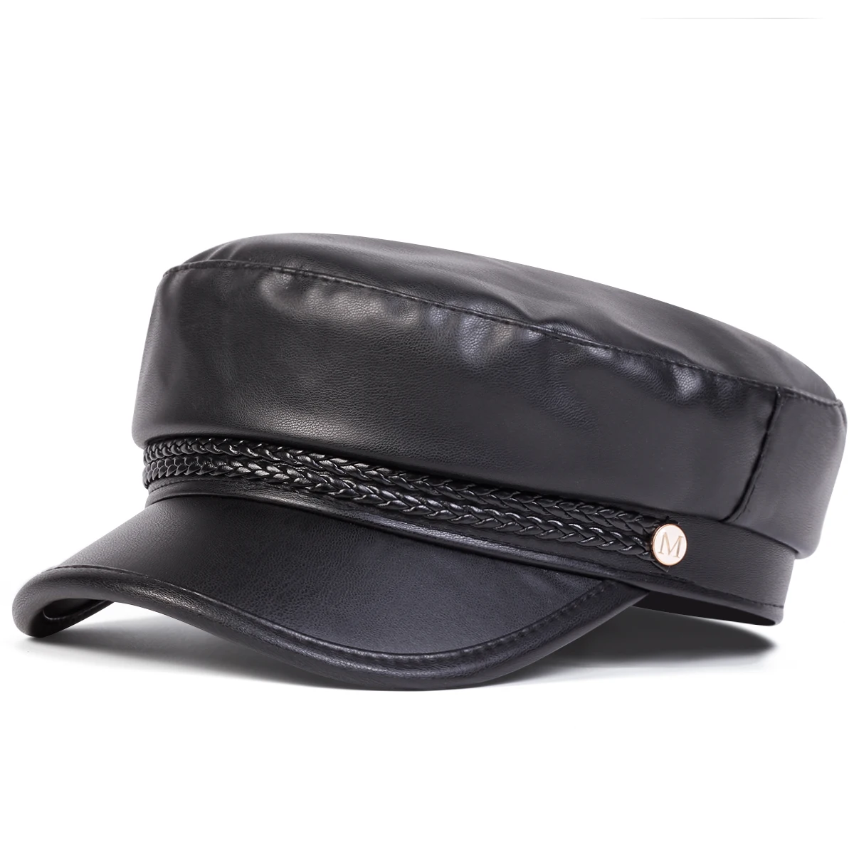 Unisex Nieten-Schnallen-Lederhut Frühling Herbst Matrosenhüte Schwarze Baskenmütze Herren Flacher Kapitänsmütze Militärkappe – Detail 26