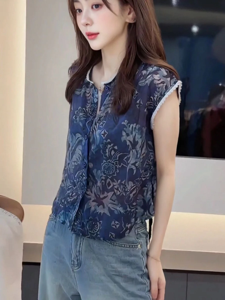 Lace Splice Bloemenprint ort Sve Dames irt Zomer 2025, Nieuwe Unieke Mooie Kleine Flng Sve Top Faionable Comm...