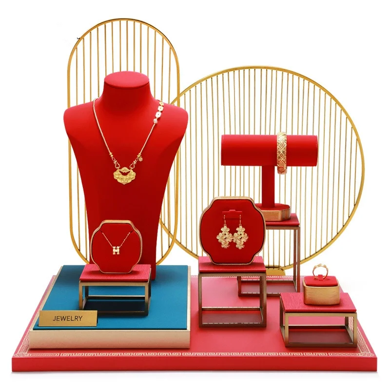 

Red Leather Jewelry Display Frame Business Exhibition Necklace Bracelet Set Window Props Earring Ring Storage Organization