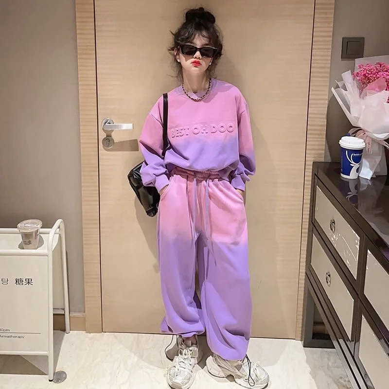 5-16 Y Girls Contrast Tie Dye Alphabet Sweatshirt+Drawstring Sweatpant Sets School Kids 2PCS Tracksuit Children Jogging Outfits