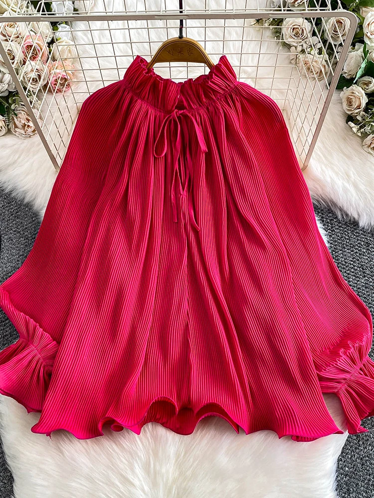 

Женская осенняя блузка, шифоновая плиссированная рубашка с бантом и рукавами-фонариками, свободная пушистая рубашка с рюшами и грибком, топ, пуловер для девочек, женский BL262