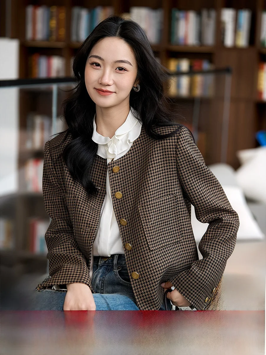 

Женская модная верхняя одежда Xhange: роскошная шерстяная куртка в клетку в американском ретро-стиле с круглым вырезом