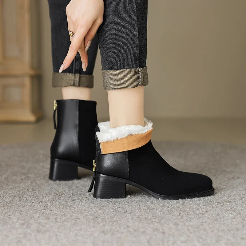 2026 موضة طفل الجلد المدبوغ النساء الكاحل الثلوج أحذية الشتاء عالية الكعب أحذية دافئة جولة تو دراجة نارية عادية أحذية بوت قصيرة 34-40 #3
