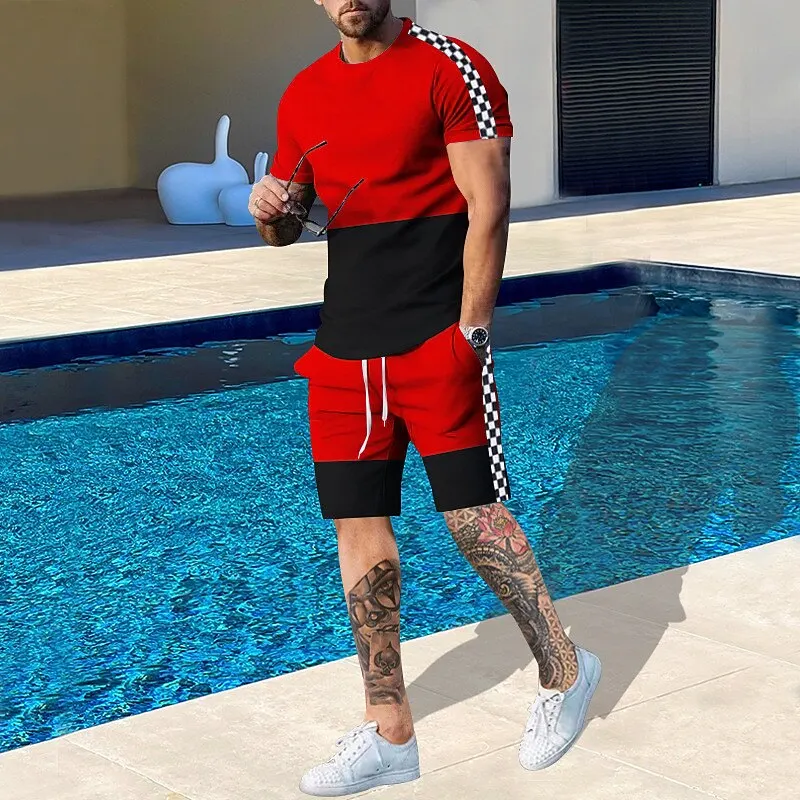 Men's Pattern Color Blocked 2-piece Set Shorts and T-shirt Set Short Sleeved Casual and Comfortable Outdoor Vacation Daily view 2
