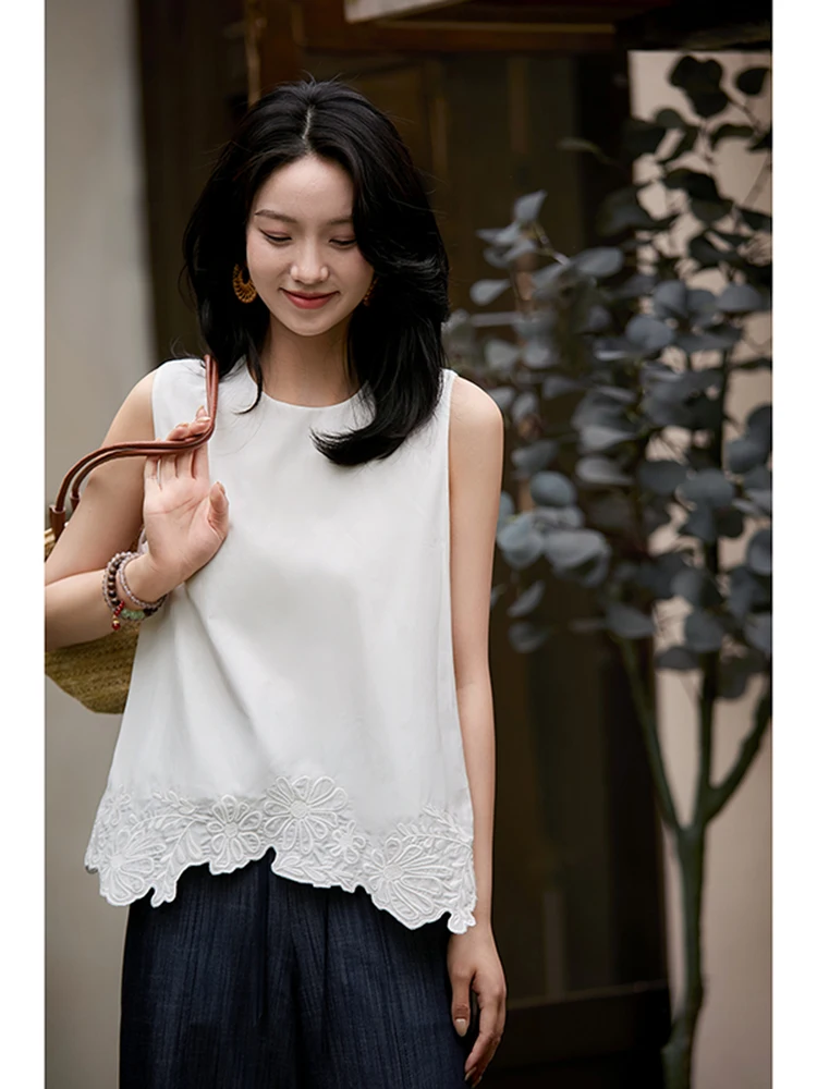 

Шелковый хлопковый топ без рукавов с вышивкой в ​​виде цветочных бутонов и круглым вырезом, женский деловой повседневный модный летний наряд SYD882585MG