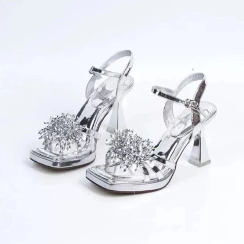 

Square Toe Platform One Strap Block Heel Sandals Women's Summer New Square Toe Pyrotechnic Diamond Button Heels