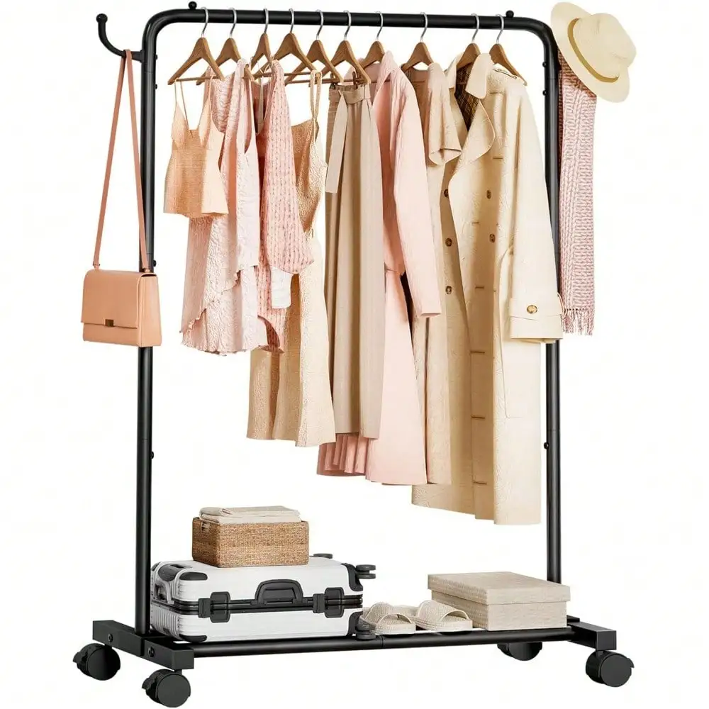 

1 Pack Black 32" Rolling Clothes Rack With Hooks - Freestanding Garment Organizer With Luggage Shelf & Wheels For Bedroom Laundr