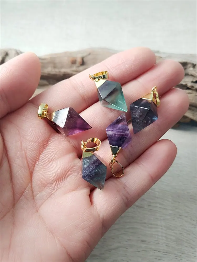 FUWO Wholesale Natural Fluorite Pendant,Elegant Slender Shape Rhombus Crystal Accessories For Women Jewelry Making 5Pcs PD106F