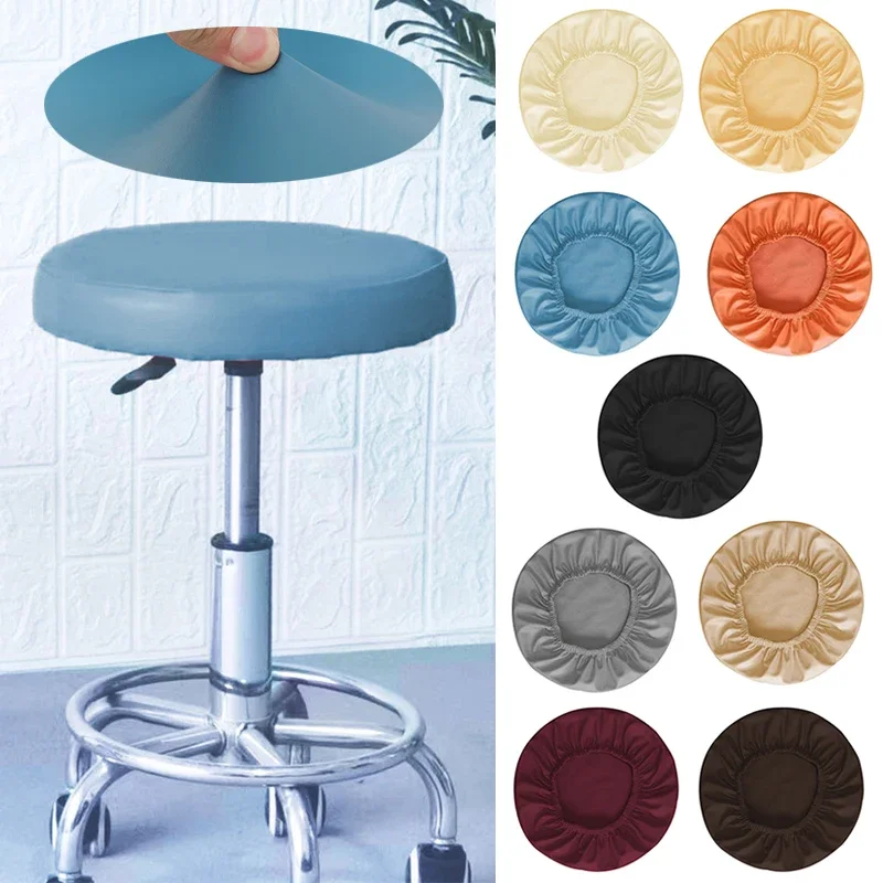 Waterproof PU Leather Round Chair Cover Slipcover for Swivel Chair All Inclusive Bar Stool Seat Cushion Cover with Elastic Bands