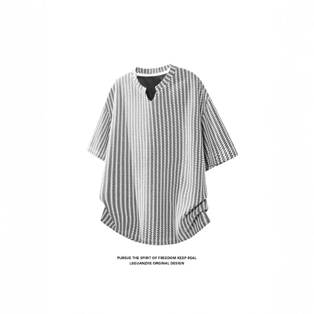 2026 New Thousand Birds Grid V-Neck Short Sleeve T-Shirt Men's Summer Loose Trend Casual Half Sleeve T-Shirt Men's Clothing