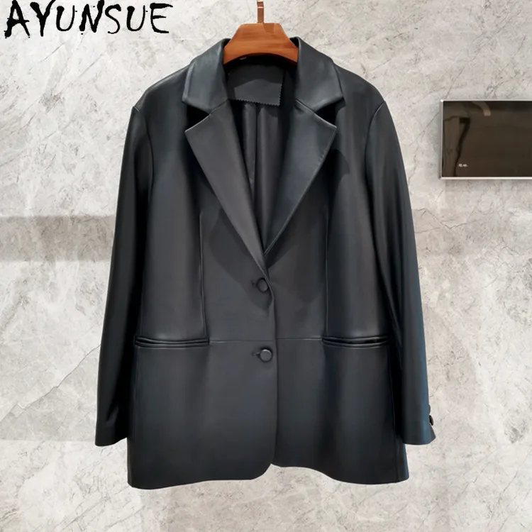 AYUNSUE-Veste en cuir véritable pour femme, manteau en peau de mouton véritable, vestes mi-longues, mode coréenne, 100%