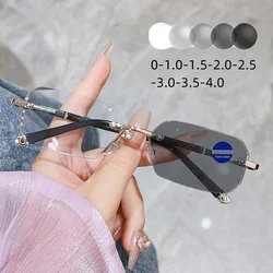 Finished Frameless Myopia Glasses Men Women Ultra Light Cut Edge Glasses Frame Anti Radiation Photochromic Near Sight Goggle