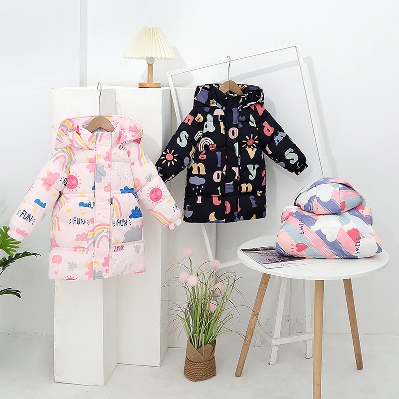 Winter Fashion Baby Girls Children Jackets Female Cotton-Padded Warm Long Clothes Size 100-140cm