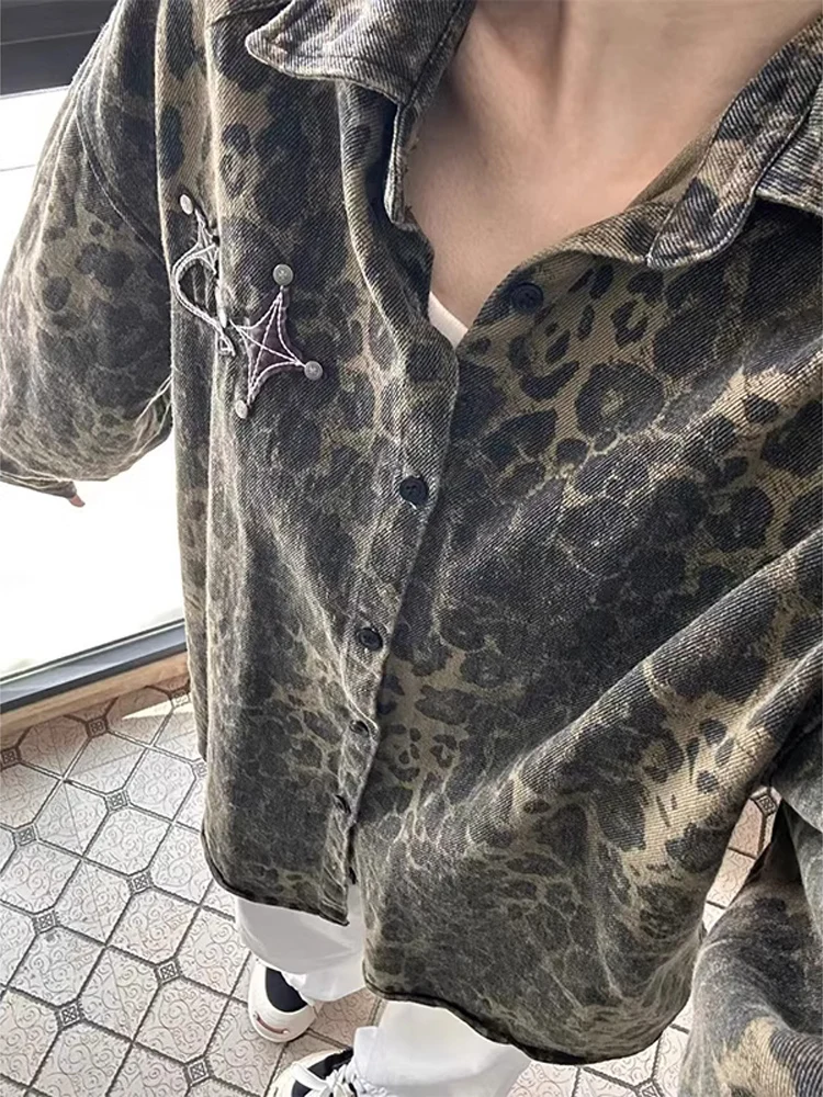 

Retro American Leopard Print Denim irt Trendy Men's Spring Autumn Sle High End Feeling Haome Jaet Embroidered Waed...