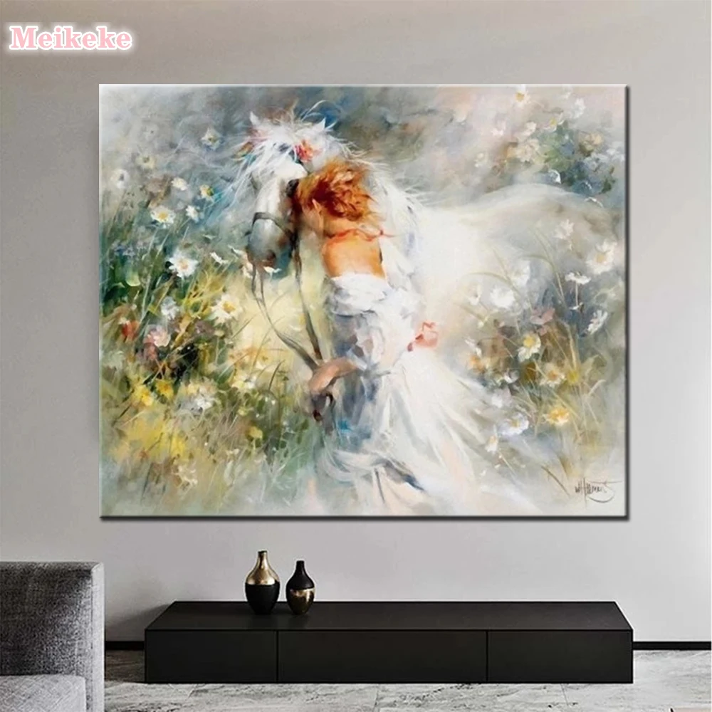 

New Arrival DIY Diamond Painting White Horse and Girl Mosaic 5D Cross Stitch Flower Grassland Full Diamond Embroidery Home Decor